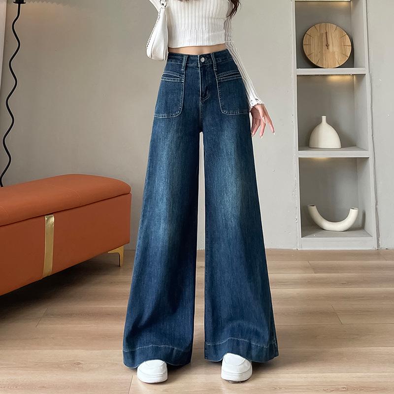 

Women s Retro Blue High-Waisted Wide-Leg Flare Jeans - Floor-Length, Loose Straight-Leg Design. Vintage Blue Extra Long