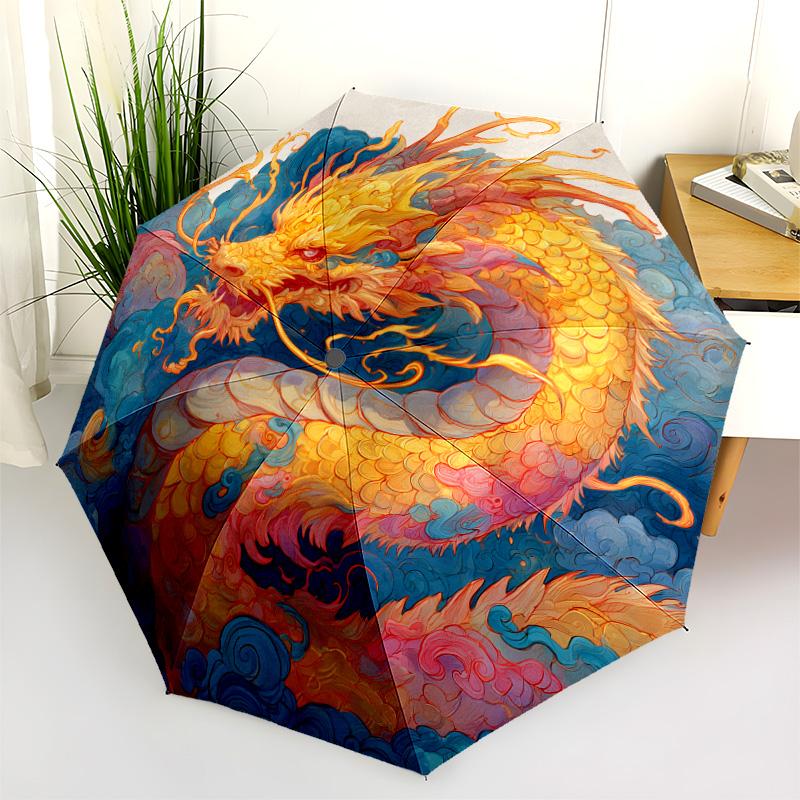 Golden Dragon  Pattern, Automatic Folding Umbrella, Portable and Foldable Design, 8 Ribs, a Christmas or Birthday Gift.