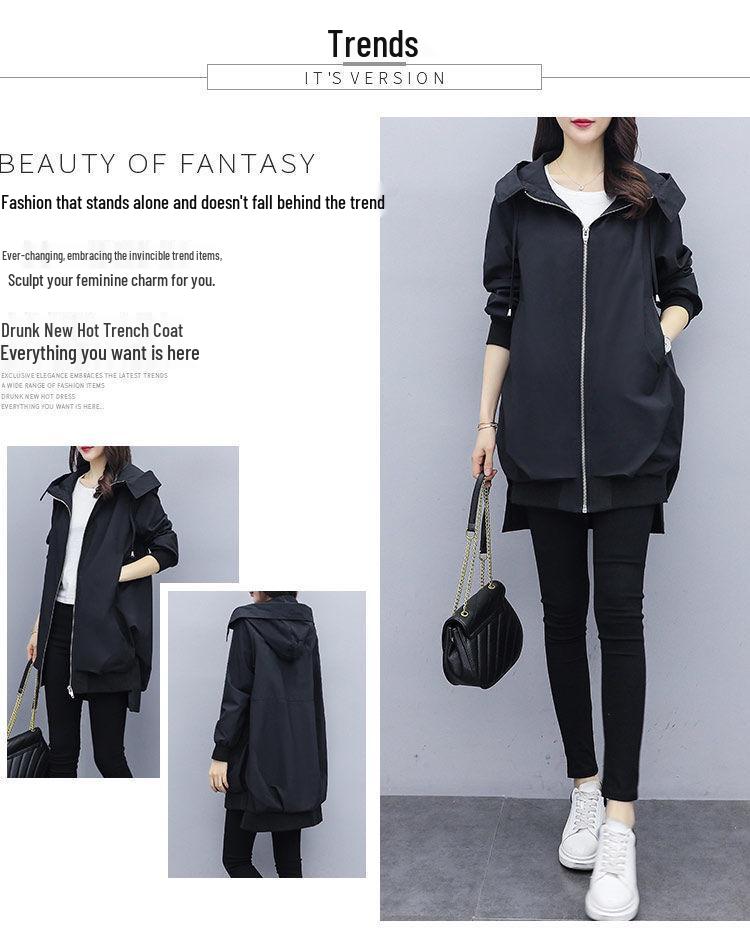Khaki Loose Korean-Style Mid-Length Hooded Trench Coat for Women - Black Temperament Outerwear for Spring and Autumn