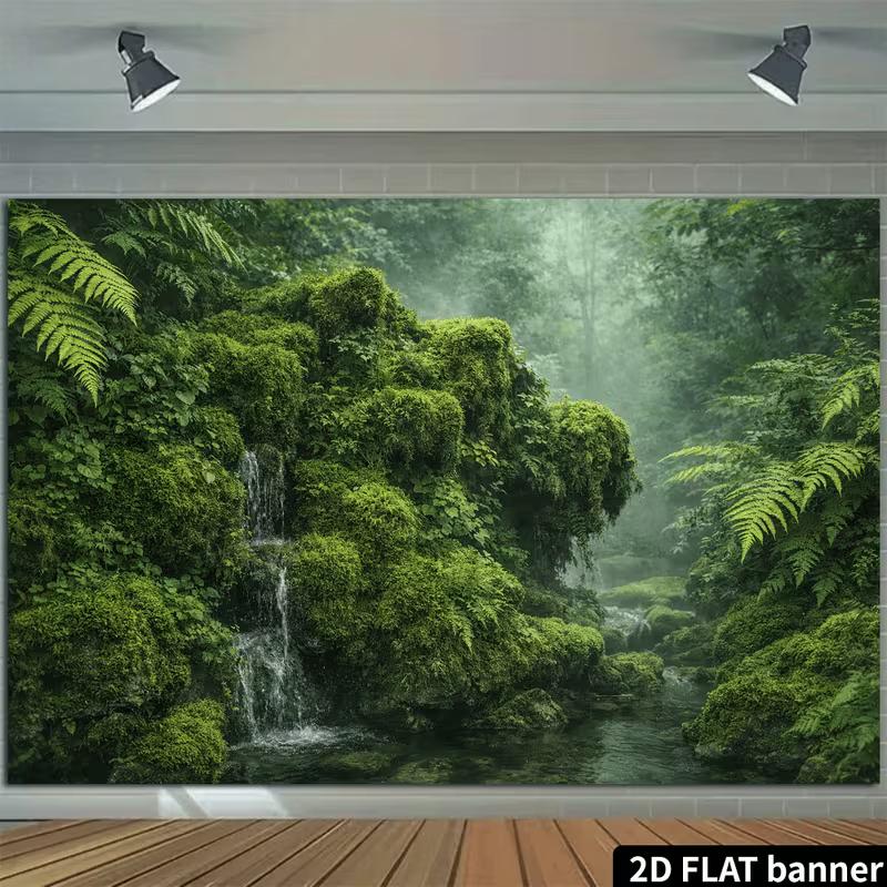 2D Enchanted Mossy Waterfall In Tropical Forest Backdrop Photo Background