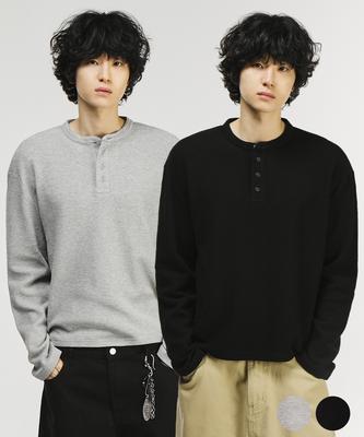 SIGNATURE Crop Waffle Henley Neck Long Sleeve T-Shirt [2 Colors]