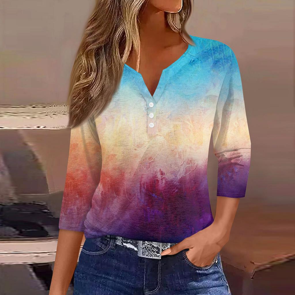 Damen T-Shirt mit Aufdruck, Knopfleiste, 3/4-Ärmel, modisch für den Alltag und das Wochenende, Basic, V-Ausschnitt, normales Oberteil