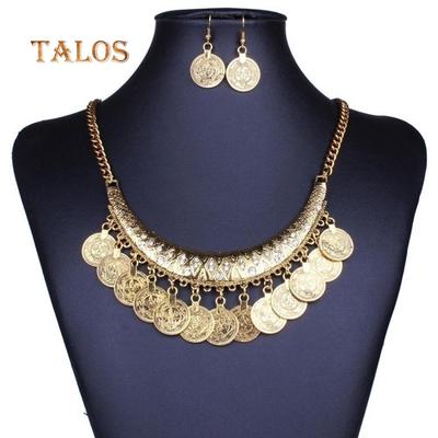 Vintage Antik Sikke Bildirimi Gerdanlık Zincir Hoop Küpe Kolye Seti Takı Aksesuarları