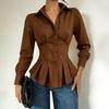 Women Brown Tucked Peplum Blouse Long Sleeve V Neck Casual Elegant Office Top