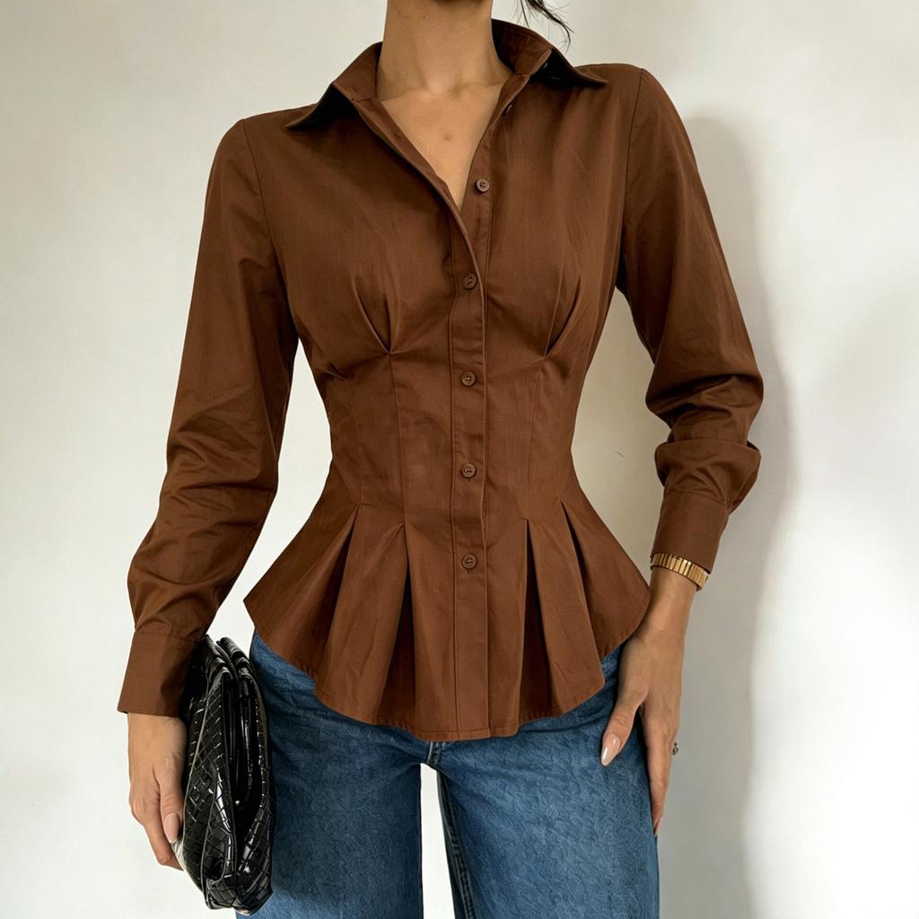 Women Brown Tucked Peplum Blouse Long Sleeve V Neck Casual Elegant Office Top