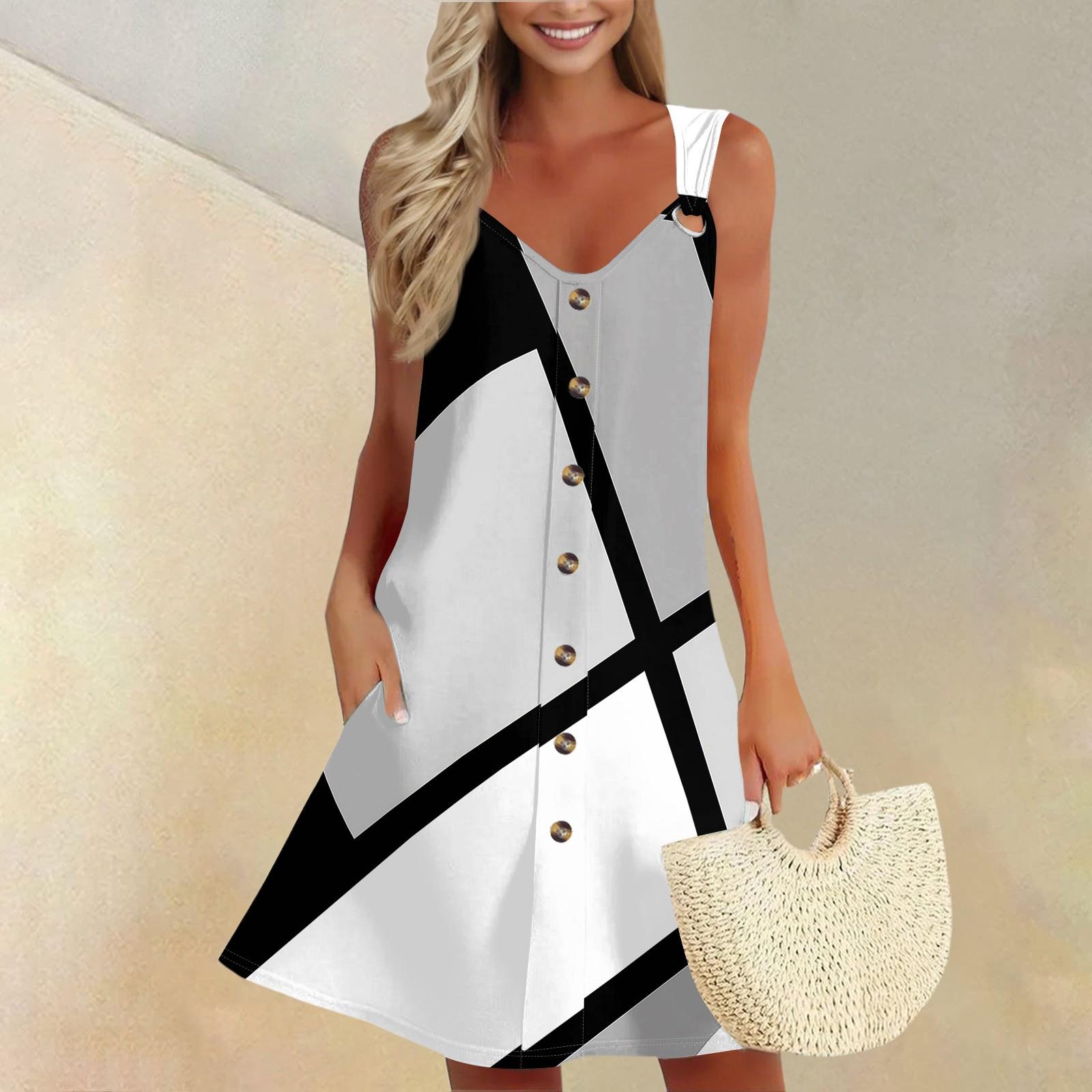 

Жіноча літня сукня з кишенею без рукавів, сарафан із клаптевим принтом із кольоровими блоками XXXL