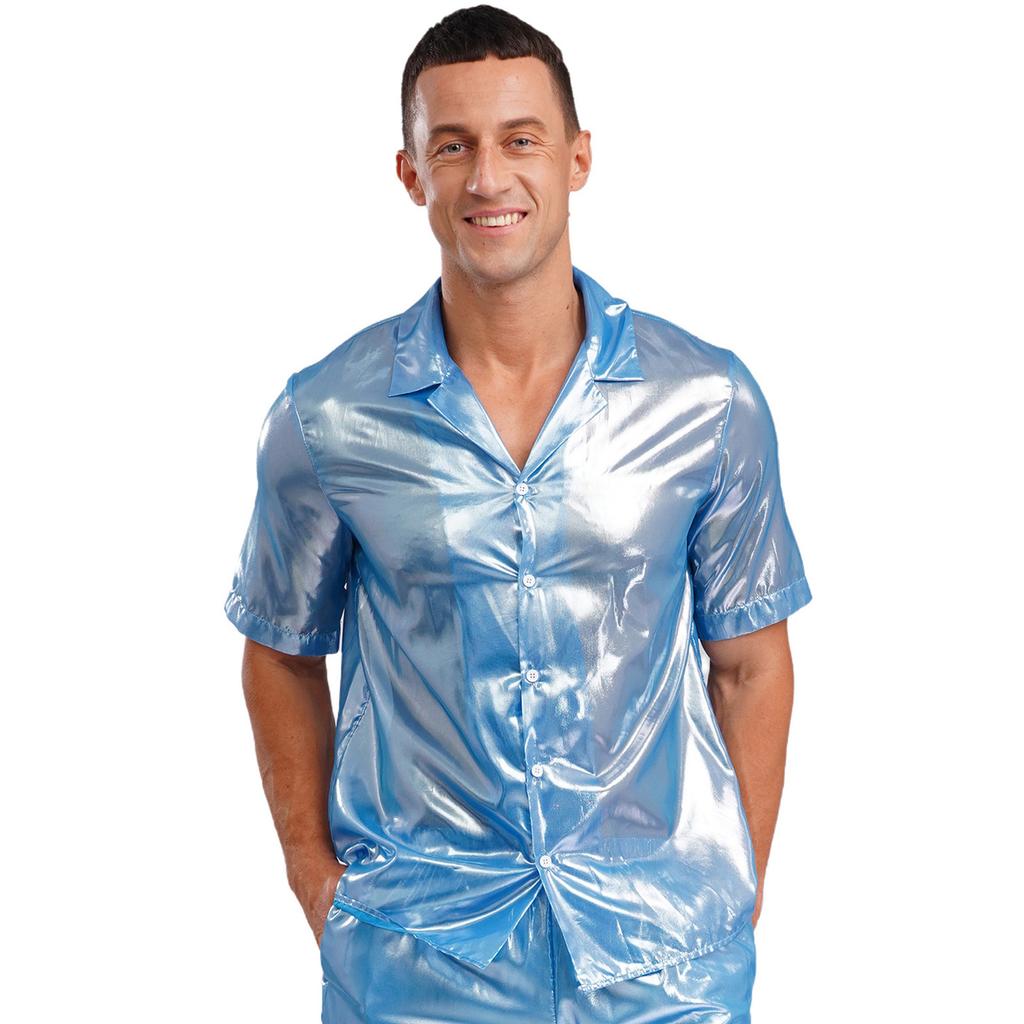Mens See Through Shirt Turn Down Collar Short Sleeve Water Ripple Shine Beachwear Clubwear Top