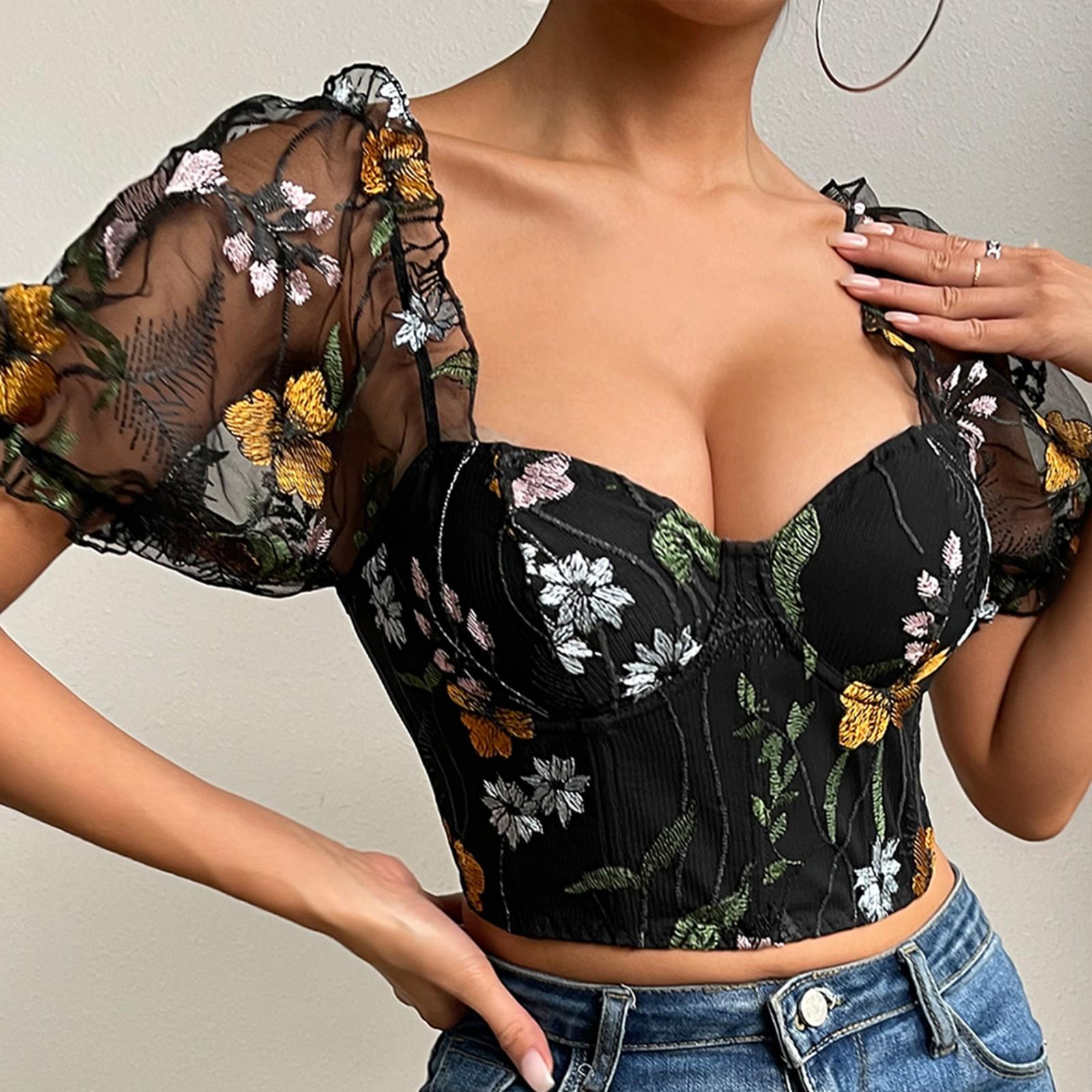 

Новый тип короткого топа-рыбья кость из сетчатой ткани с цветочной вышивкой, пряжками и рукавами-буфами M чёрный