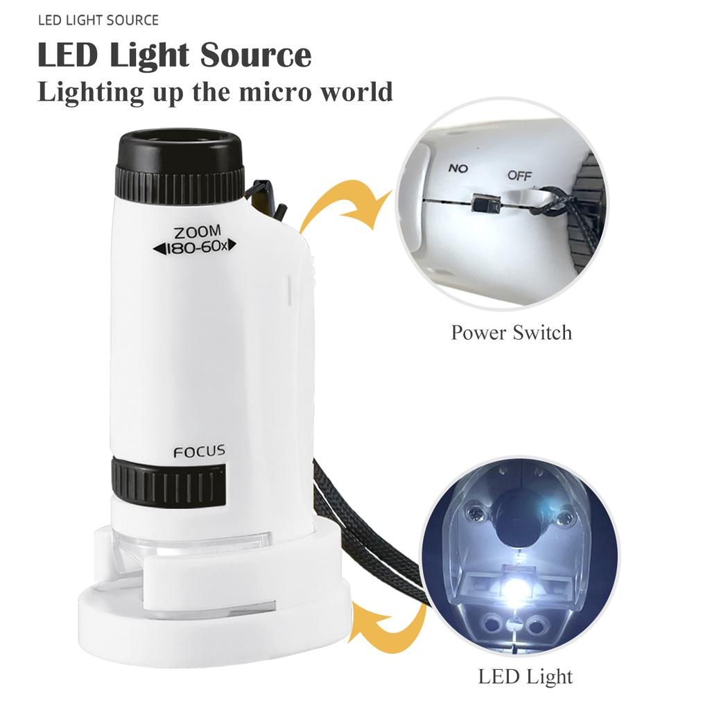 Handheld Microscope Toy Kit With Led Light & Ag13 Button Batteries Biological Science Gift For Kids