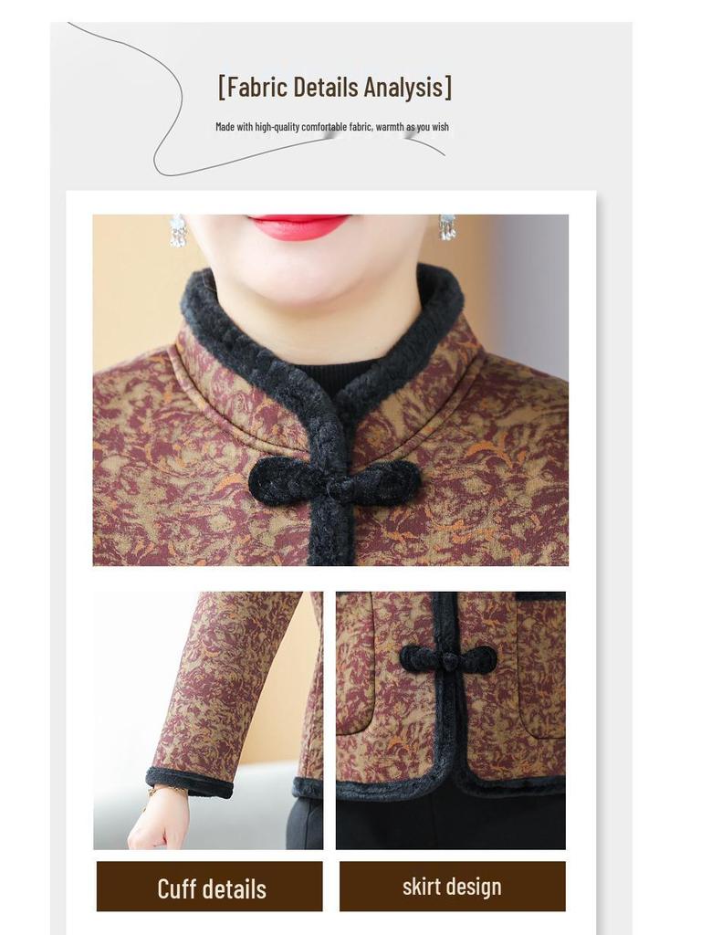 Plus Size Winter Velvet Warm Cotton Jacket for Middle-Aged and Elderly Women