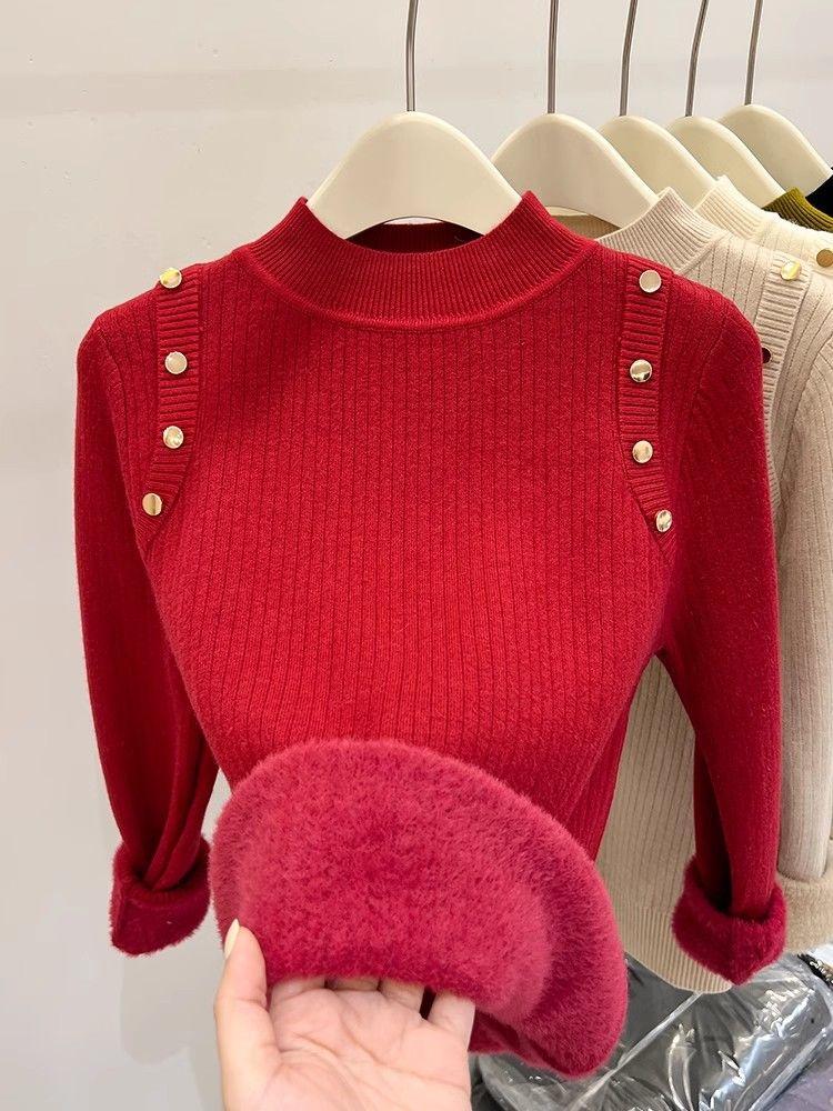 

Элегантный трикотаж плюс бархатный пуловер с подкладкой для женщин, винтажная рубашка с высоким воротом и длинными рукавами, повседневный тонкий свитер на осень-зиму, новый XL красный