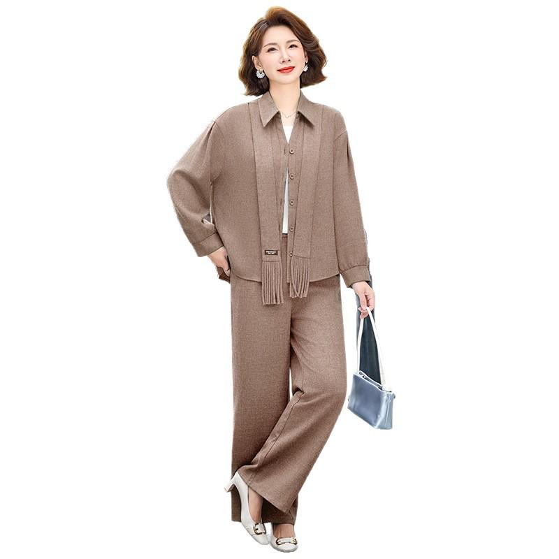 Stylish Spring/Autumn Two-Piece Set: Long-Sleeve Top & Wide-Leg Pants for Middle-Aged Women