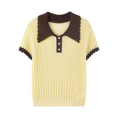 Qiu Shui Yi Ren Women's Contrast Lapel Knit Short Sleeve Top