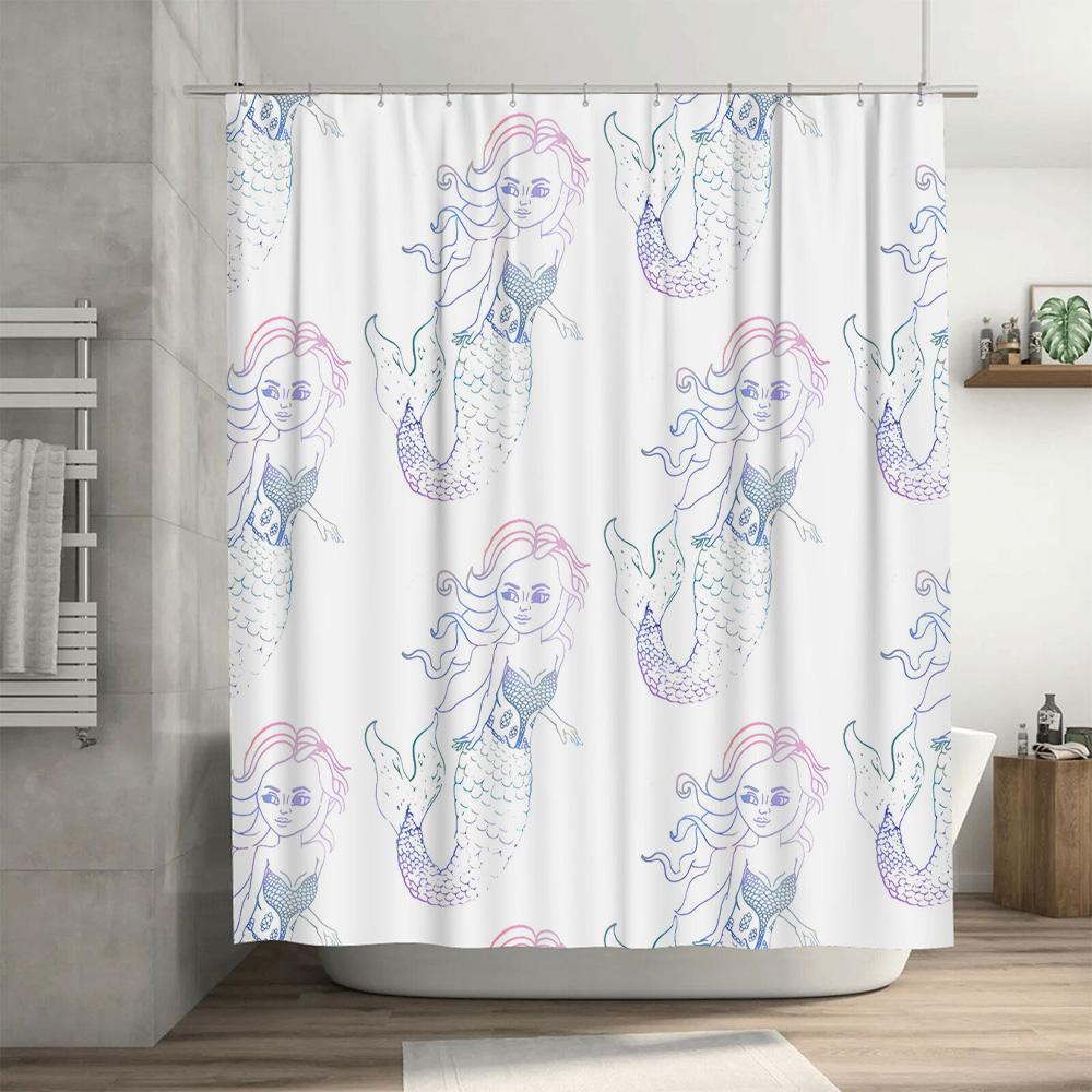 Colorful Mermaid Bath Curtain Soft Fabric Shower Curtain with Hooks Set for Bathroom Decorations