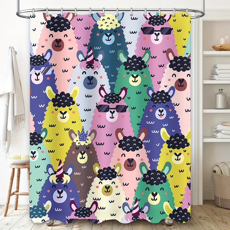 Funny Llama Fiesta: Colorful Cartoon Shower Curtain for a Playful and Whimsical Bathroom Décor