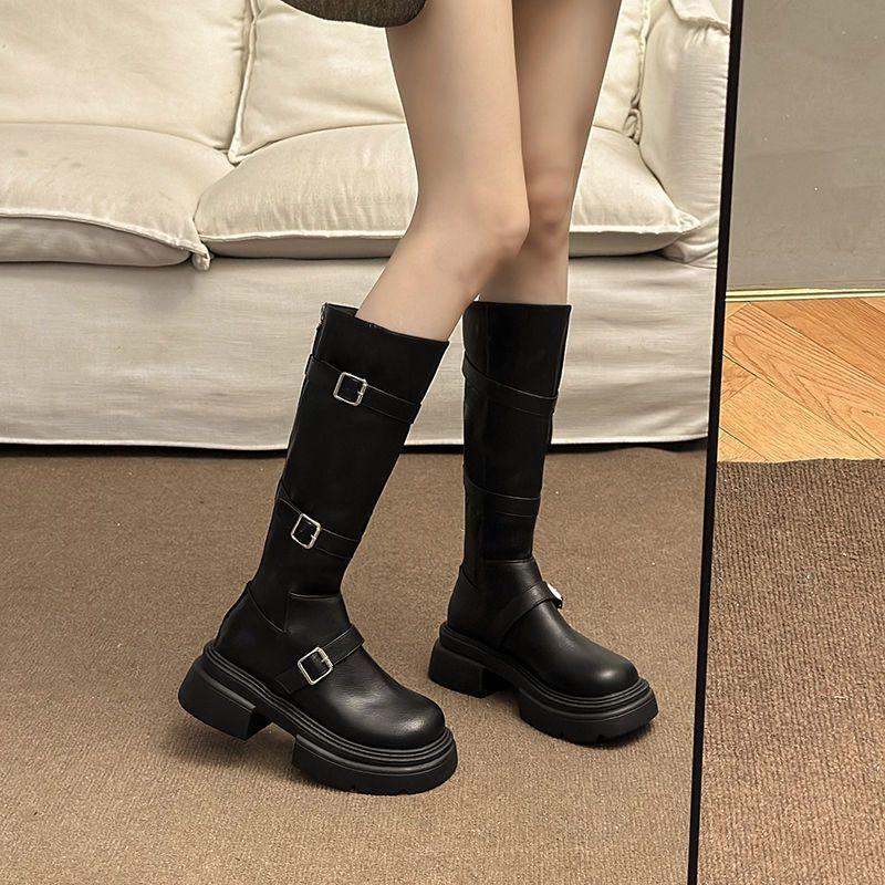Retro Martin boots women's knee-high boots 2025 new with skirt fashion belt buckle slim boots