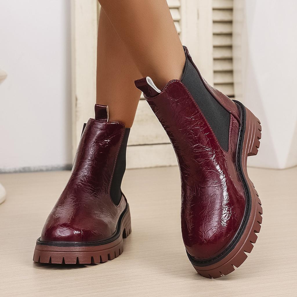 Women's Chelsea Boots Thick Platform Ladies Round Toed Slip On High Top Shoes Classic Winter Mid Heels Women Ankle Boots