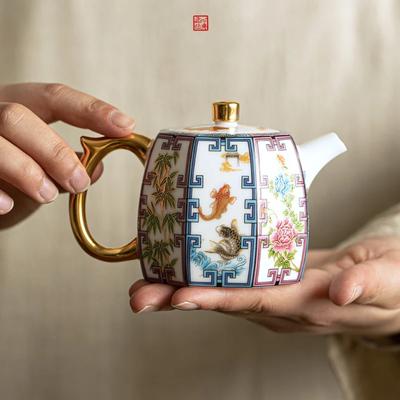 Teekanne aus weißem Porzellan, handbemalt, goldfarben, Emaille, Einzeltopf für den Haushalt, mit Filter und Deckel, große Kapazität, neuer chinesischer Stil