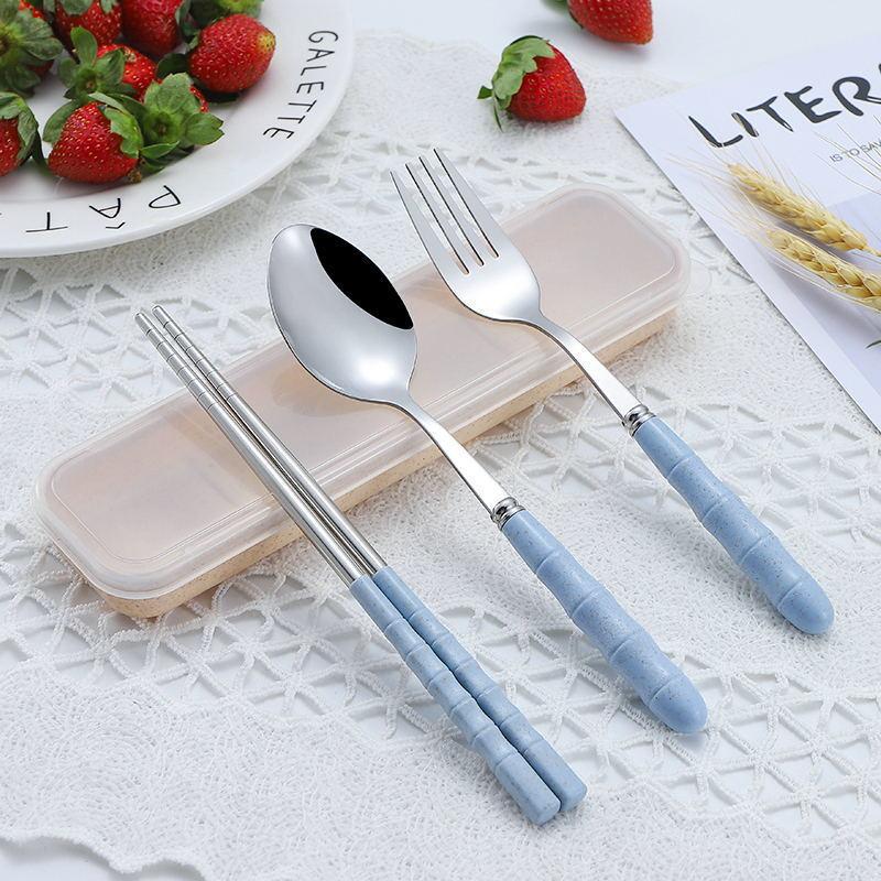 [Set da tre pezzi] Bacchette cucchiaio forchetta in acciaio inossidabile paglia di grano studente adulto viaggio mensa posate portatili