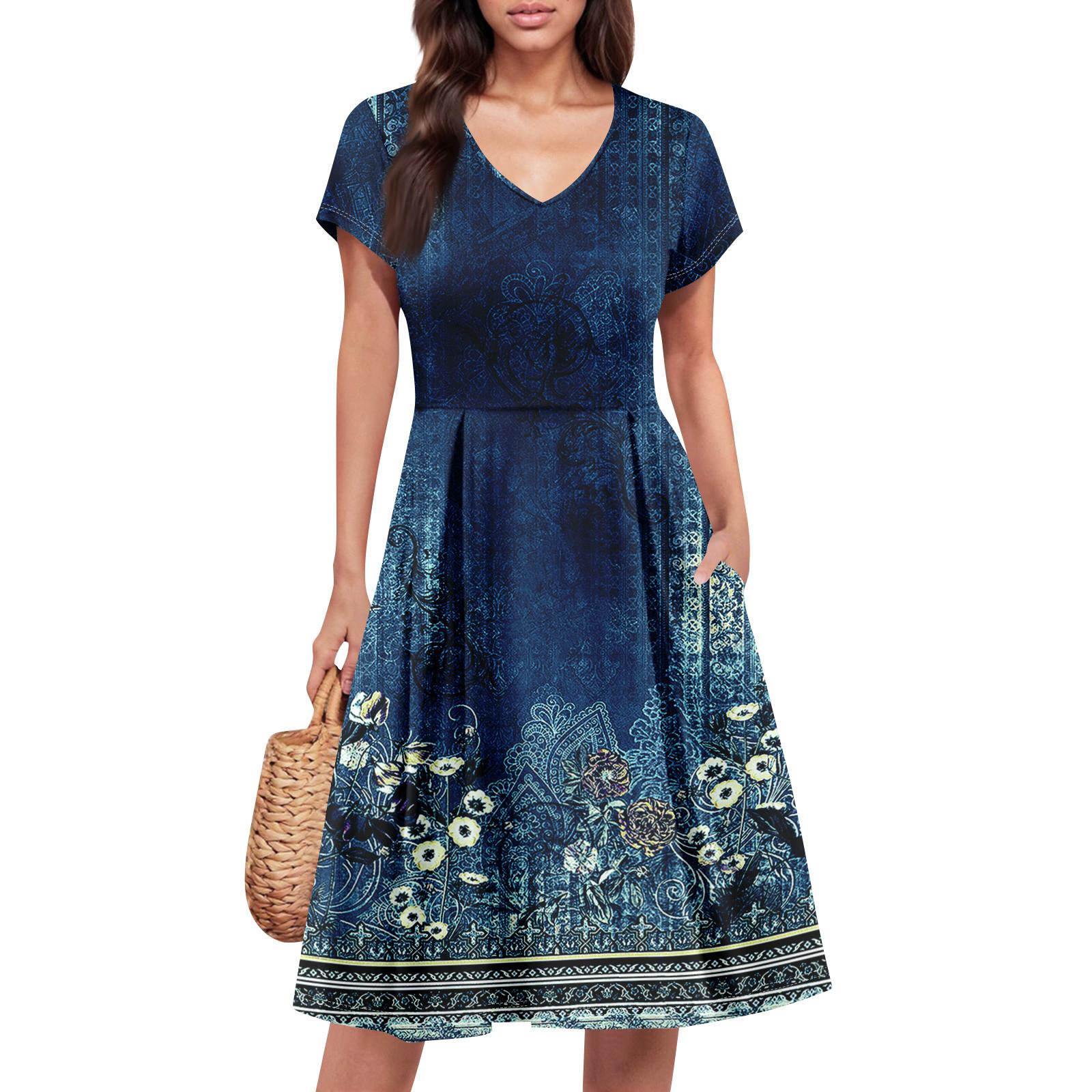 

Женское летнее платье с коротким рукавом, V-образным вырезом, короткое, модное, повседневное, летящее, А-силуэта, платье-сарафан с карманом XXL