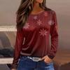 Women's Fashion Casual Slit Hem Round Neck Long Sleeve Loose Printed T-Shirt Ladies Top Christmas