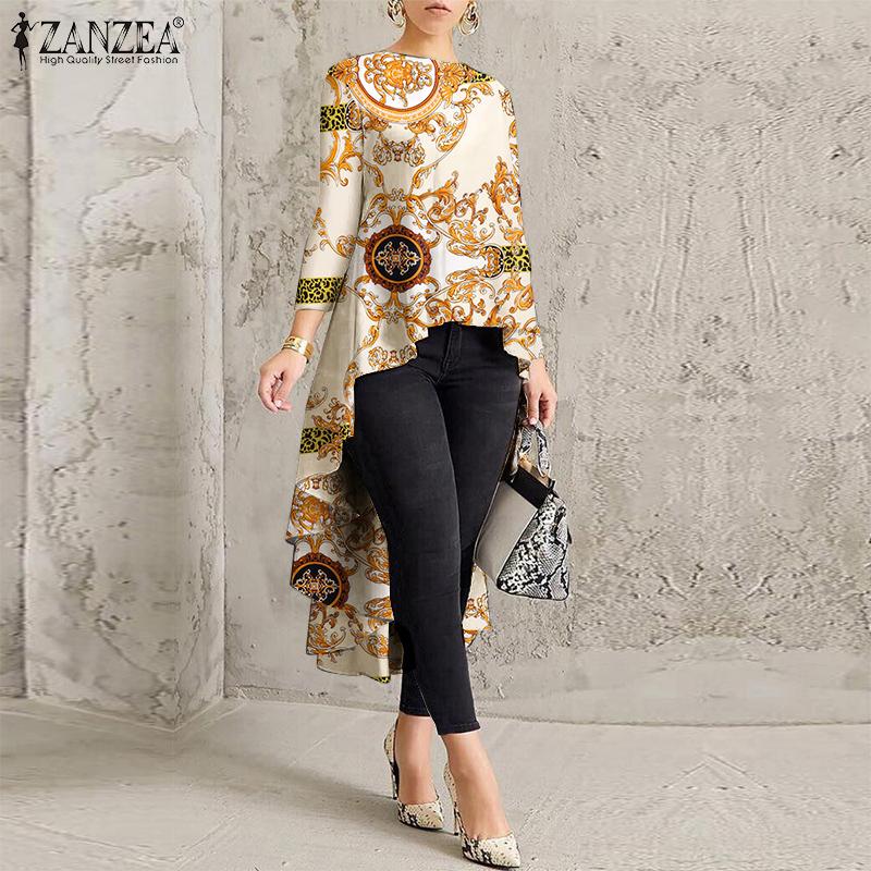 

ZANZEA Повседневная блузка с нерегулярным подолом и круглым вырезом с длинным рукавом и ретро-принтом