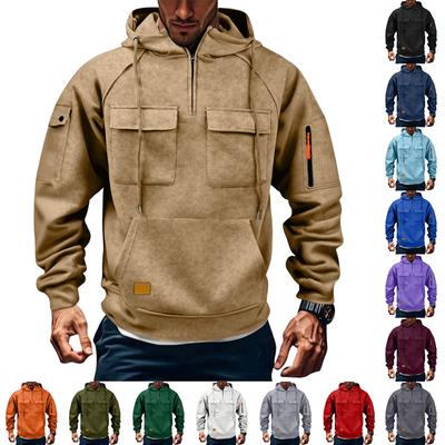Men's 1/4 Zip Cargo Hoodie | Drawstring Multi-Pocket, Solid Color For Outdoor & Casual Wear