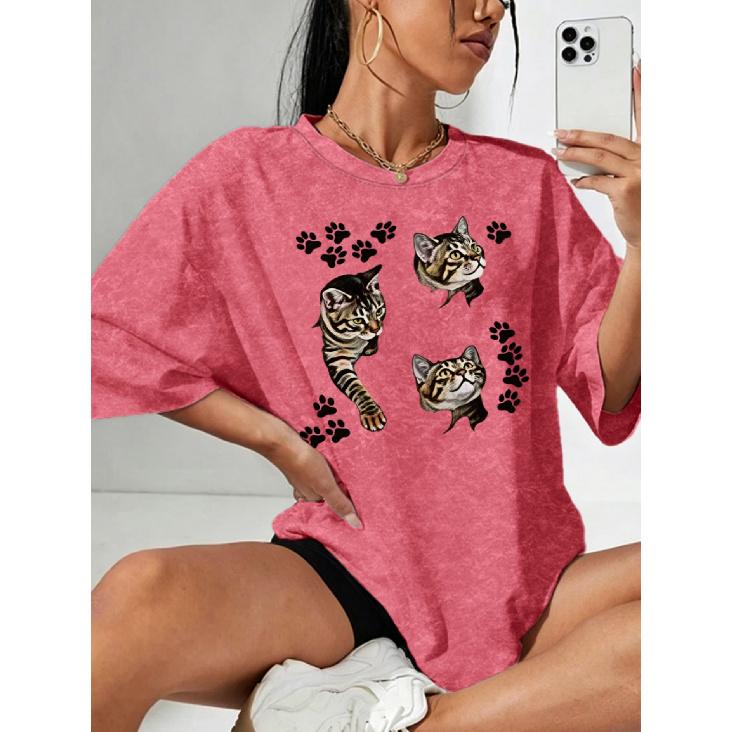 Women s Snowflake Print Short Sleeve Shirt T Shirt Tiger stripe cat paw print round neck casual elegant vintage style skin-friendly soft breathable S