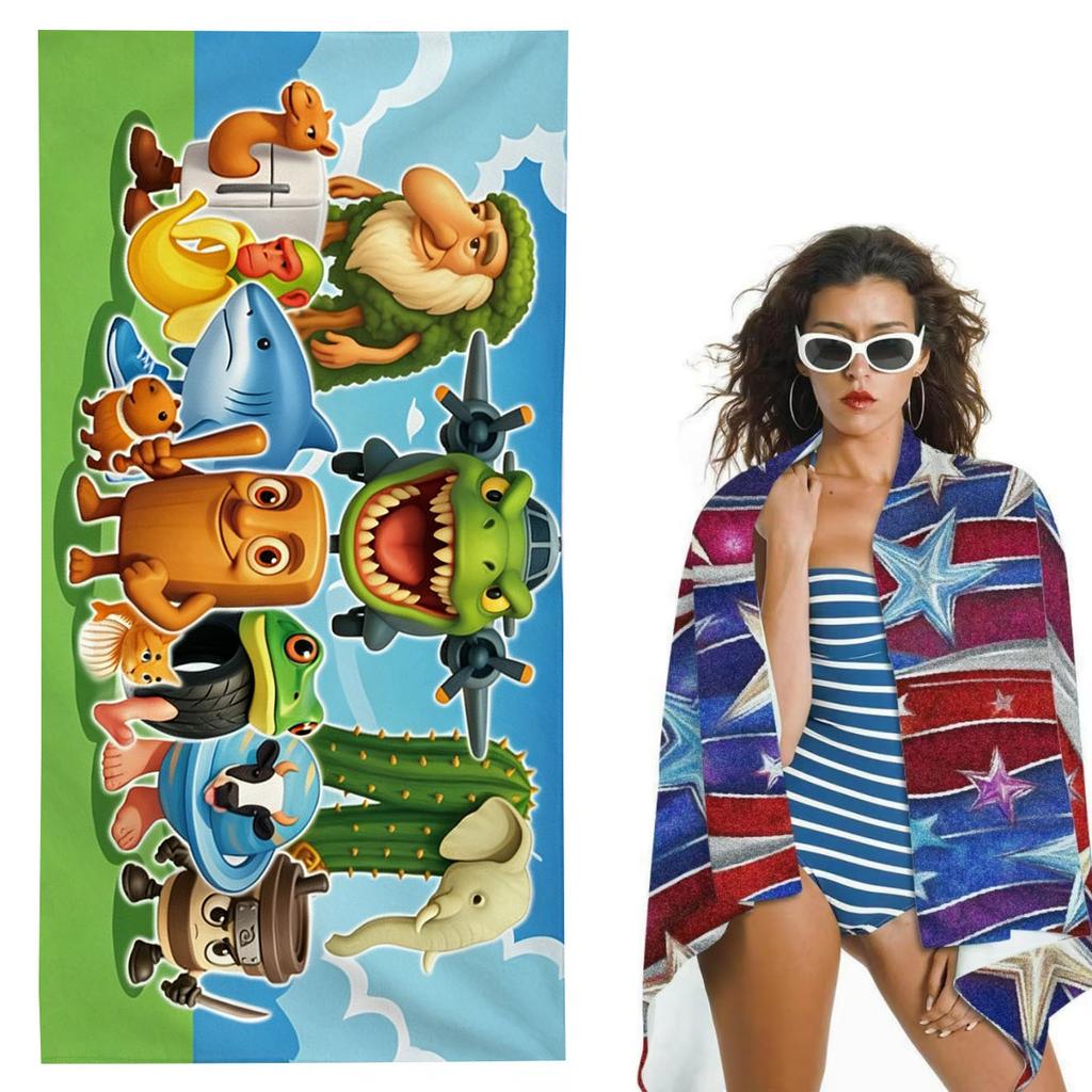 1Pc Funny Cartoon Character Beach Towel Microfiber Soft Skin Friendly Quick Dry Unique Cute Design Essential Beach Accessories