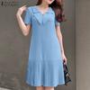 ZANZEA Women Summer V-Neck Casual Short Sleeve Solid Dress