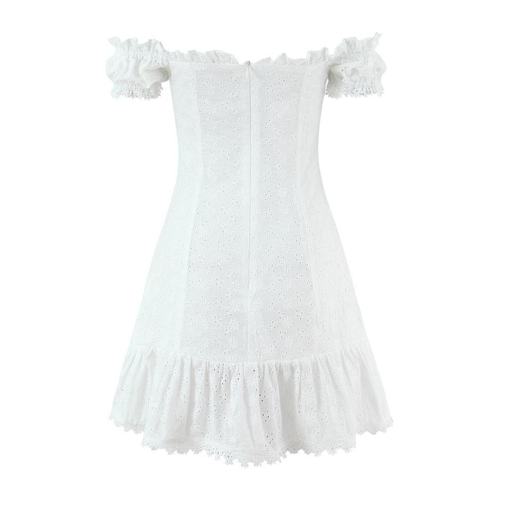 White One-Shoulder Lace Patchwork Slim Summer Dress with Cinched Waist and Short Sleeves