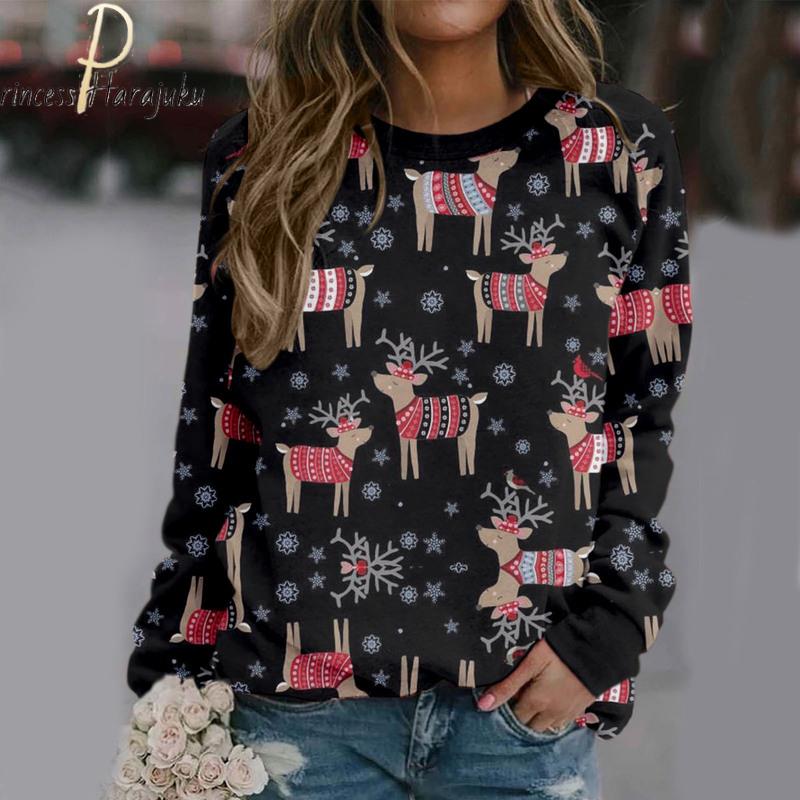Weihnachtsdruck, langärmelig, lässig, Sweatshirt, Bluse, Pullover, Weihnachten, Strickpullover, Pullover, Top, Pullover, Damen-Sweatshirt