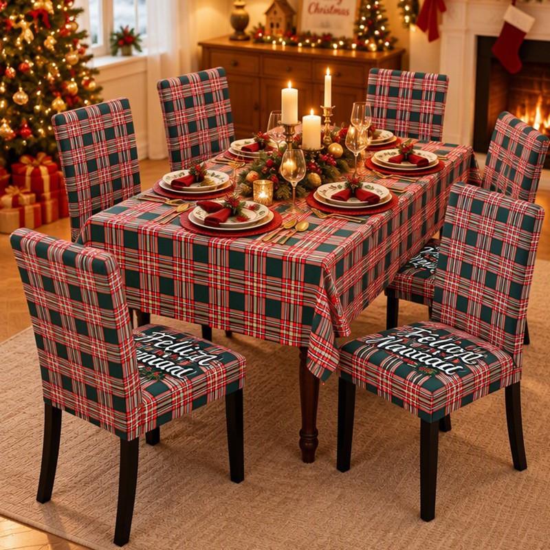 Christmas Chair Cover Tablecloth Set Stretch Santa Print Holiday Dinner Party Decor