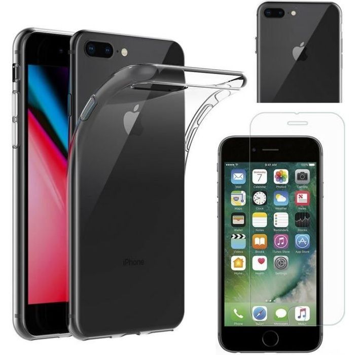 Coque Silicone Transparent - Phonillico® - iPhone 8 PLUS - Ultra Slim - Verre Trempé - Protection Écran