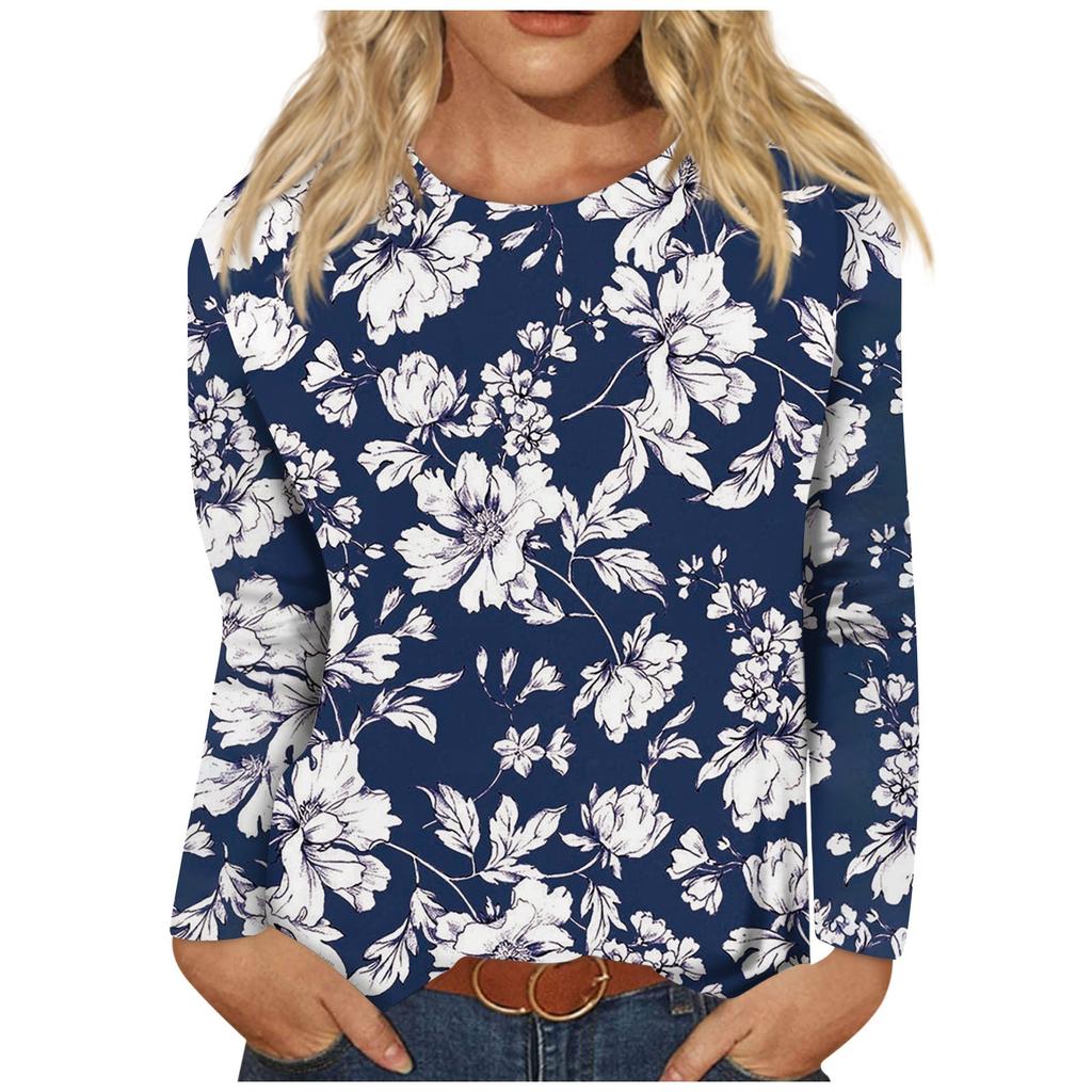 Women's Fashion Casual Floral Printed Round Neck Long Sleeve Pullover Top