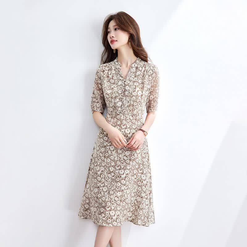 Srcr Women s V-Neck Floral Mulberry Silk Midi Dress