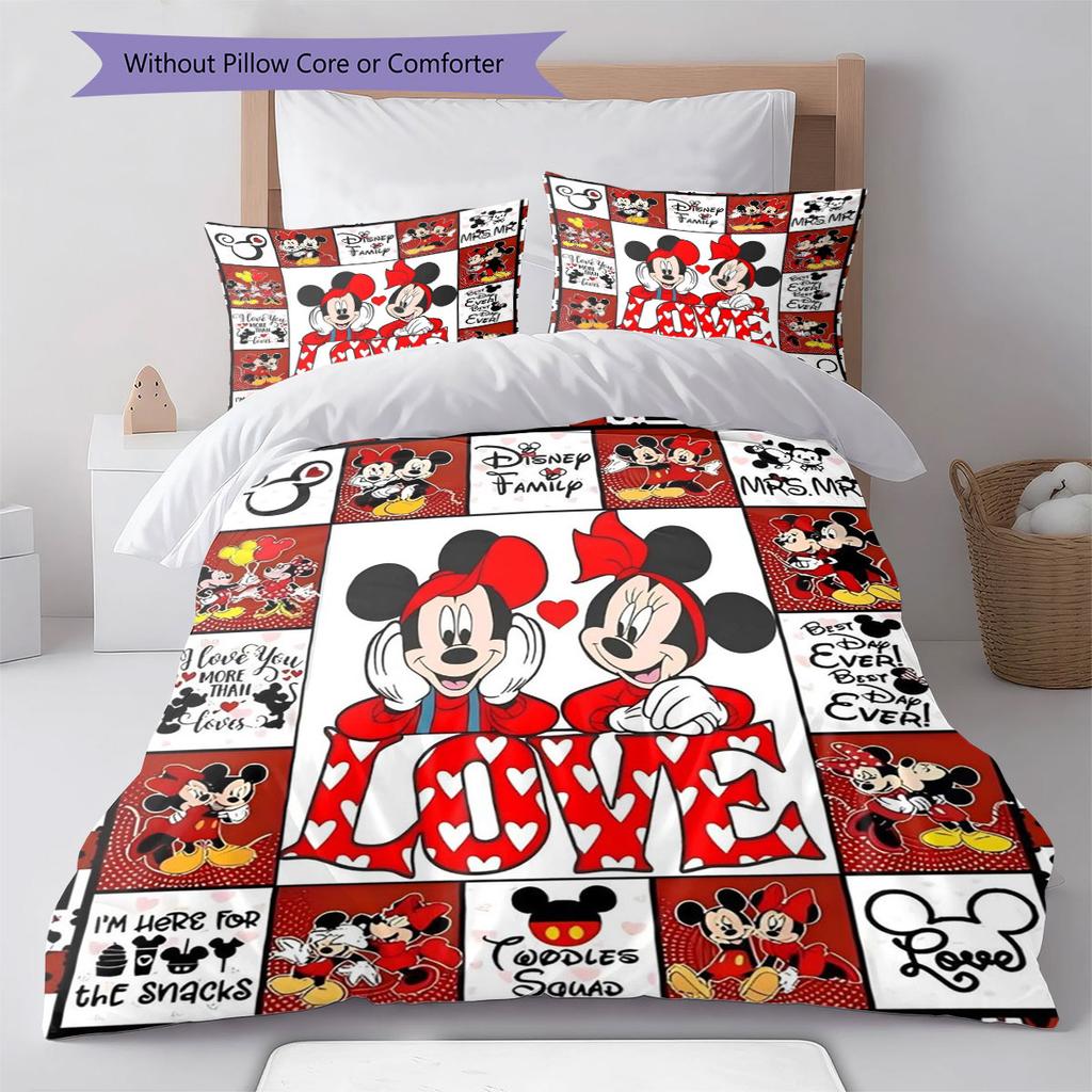 Red Patchwork Mickey & Minnie Couple Print Bedding Set, A Warm and Comfortable Choice for Decorating A Child's Bedroom.