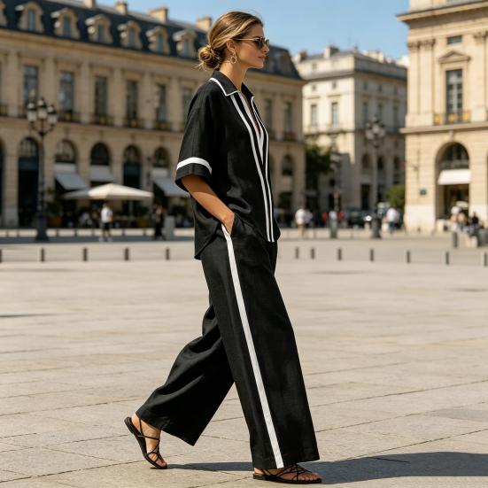 Conjuntos de 2 Peças Color Block para Mulheres Camisas de Manga Curta com Decote em V Profundo e Calças de Perna Larga Conjuntos de Verão para Relaxar