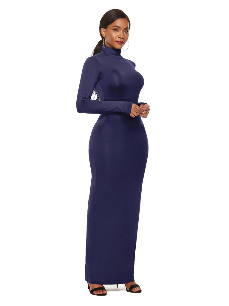 Women's Long Sleeve Solid Color Slim Fit High Neck Dress - European & American Fashion
