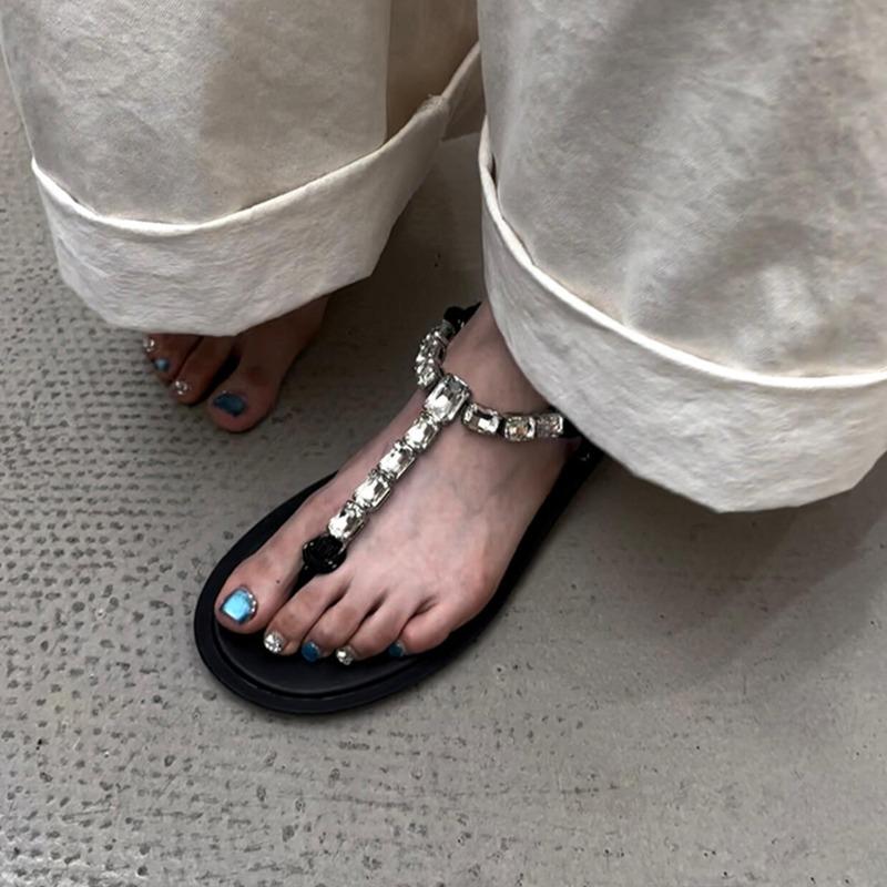 

Sheepskin version~ Beautiful with skirt flat-bottomed flip-flops women s one-word with rhinestones toe vacation wind beach sandals 40