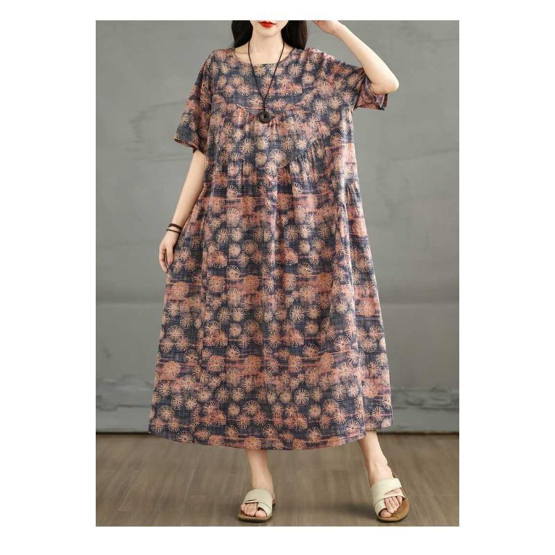 Summer Retro Cotton and Linen Round Neck Short Sleeved Dress, Women's Loose Skirt