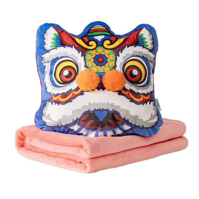 

3D Printing Velvt Flannel Quilt Chinese Traditional Dance Lion Embroidery Air Conditioning Blanket And Cushion Sofa Car Decor