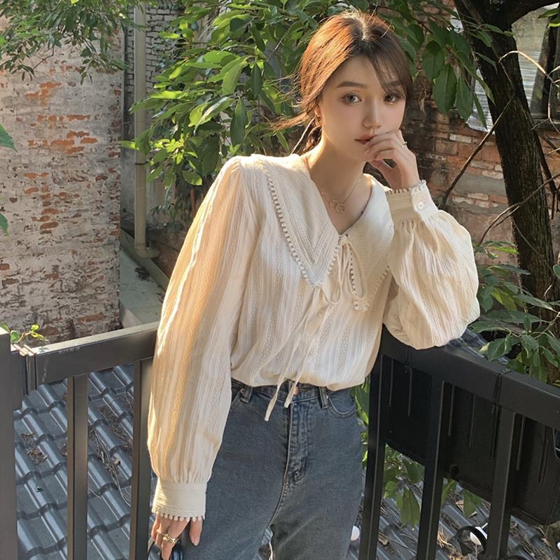 Doll-neck Shirt Women's Long-sleeved Spring and Autumn Design Shirt French Chic Top