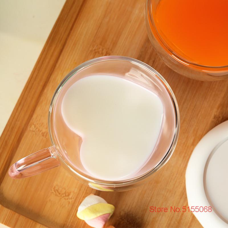 2 Pcs Double Wall Glass Mug With Handle Creative Heart Shape Coffee Cup Cute Milk Water Tea Heart Cup Clear Heart Mug Wholesale