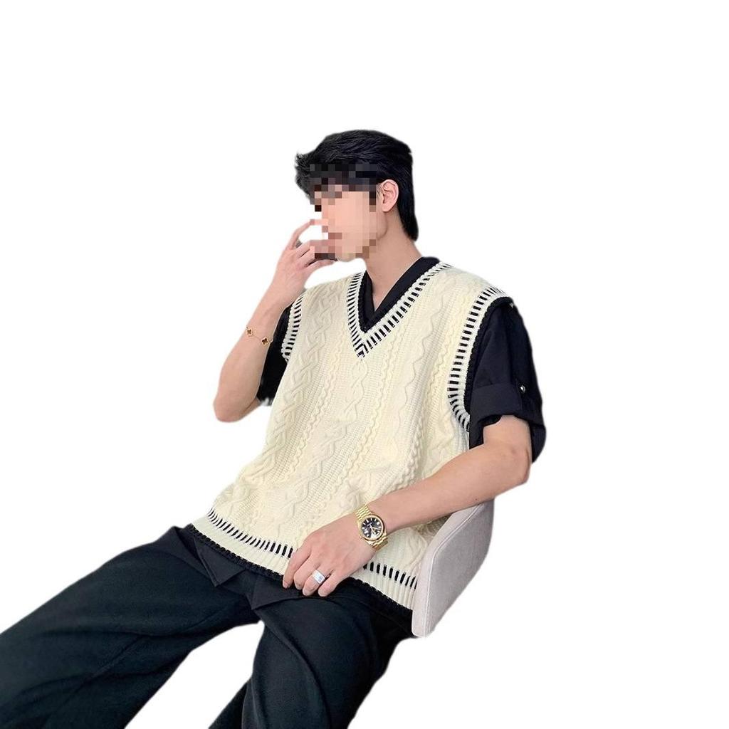 Men's Casual College Style V-Neck Knitted Sweater Vest - Autumn/Winter Korean Loose Fit
