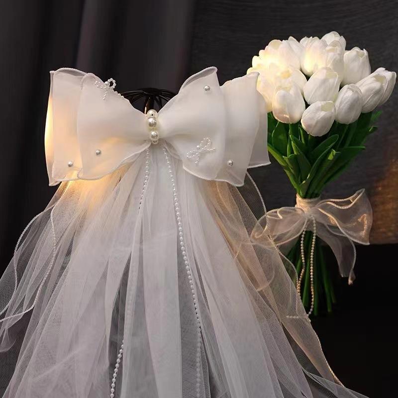 Elegant Double Bow Bridal Veil: Exquisite Lace Headpiece For Your Wedding Veil With Holy White Bow Hairpin For Wedding Headpiece