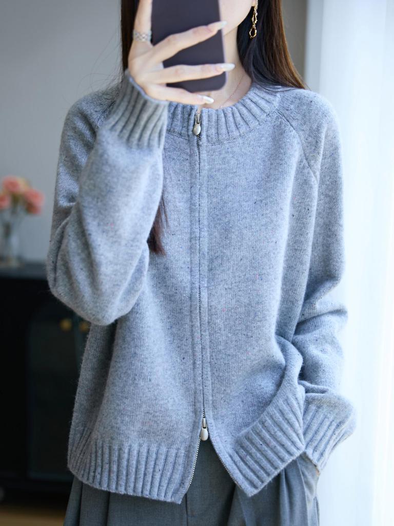 Korean Style Double Zipper Raccoon Fur Knit Cardigan - Stylish, Versatile Thick Round Neck Sweater Coat with Color Dots.