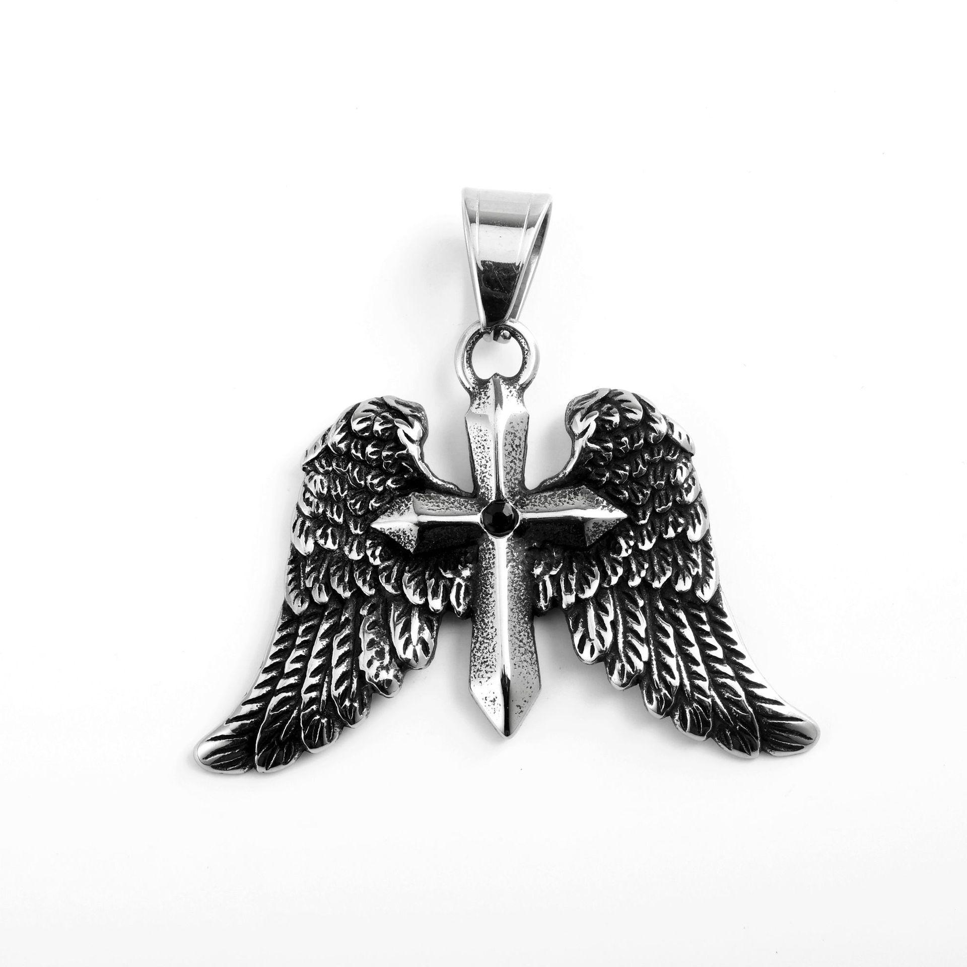 Stainless Steel European Retro Cross Feather Pendant Necklace