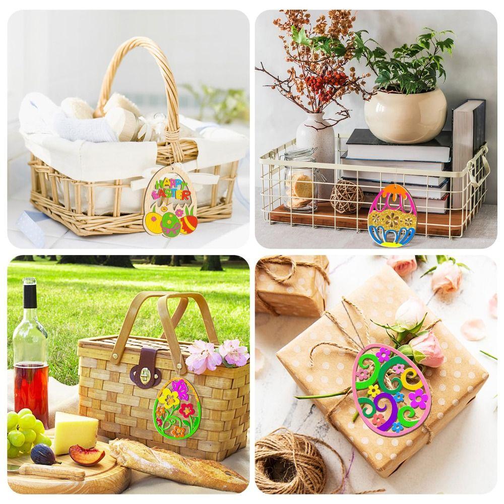 20Pcs/Set DIY Wooden Easter Ornaments To Paint Blank Ropes Unfinished Wood Egg Cutouts Ornament Crafts Hanging Decorations