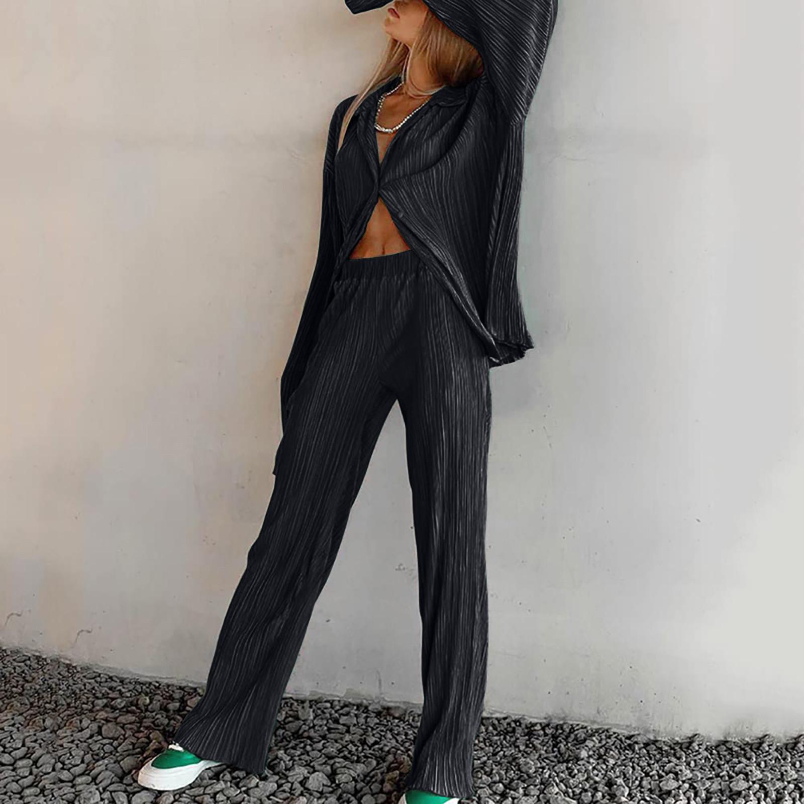 

Women s 2 Piece Casual Outfits Long Sleeve Button Down Shirt High Waist Long Pants Loungewear Streetwear L